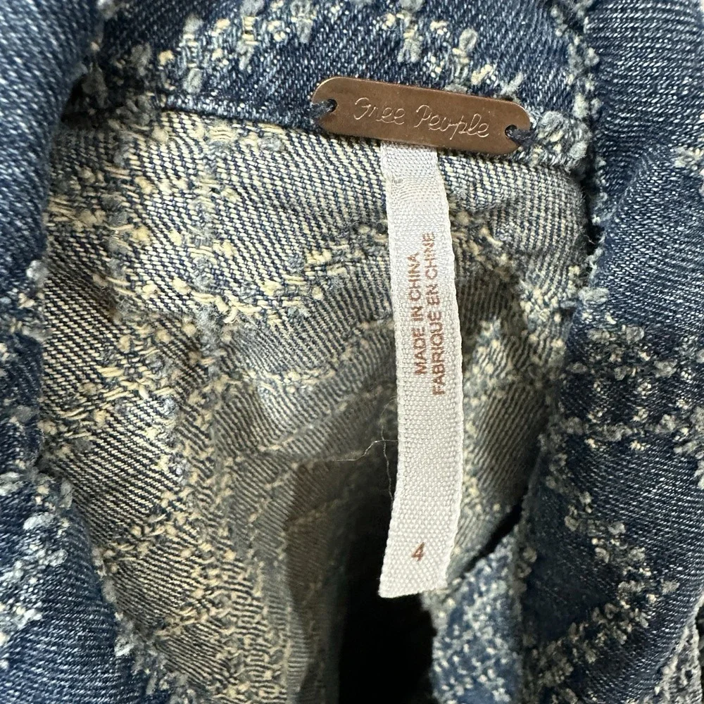 Free People Punched Denim Moto Jacket Herringbone Blue Jean Biker Women's Size 4 - Picture 3 of 14